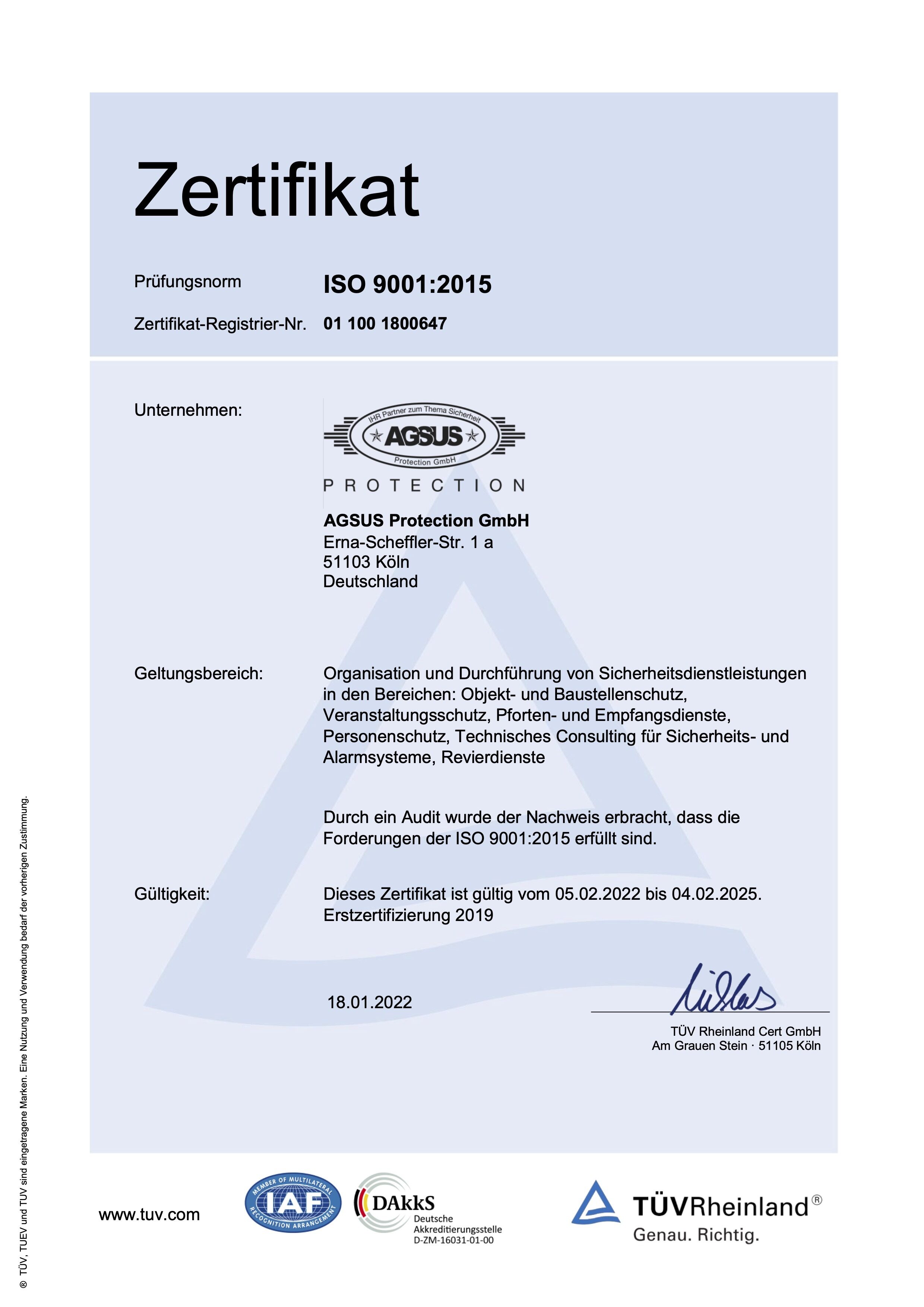 ISO 9001 2015 Zertifikat der AGSUS Protection GmbH